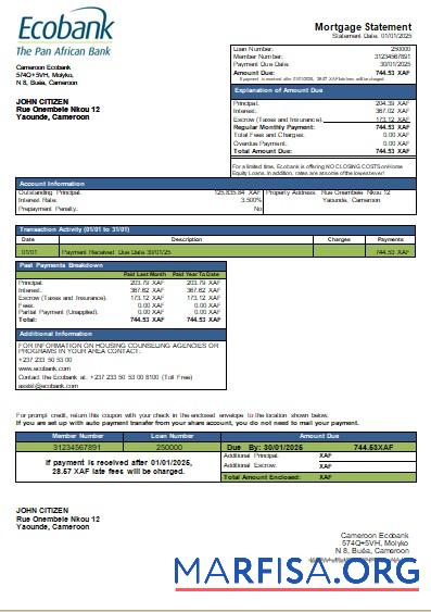 Realistic Cameroon Ecobank bank mortgage statement scr example